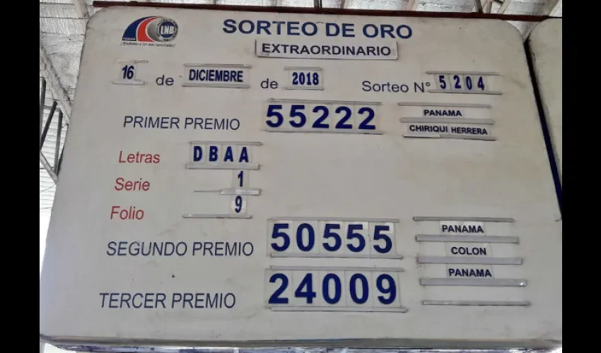 Tablero con el sorteo extraordinario de la LNB  de hoy 16 de diciembre del 2018.